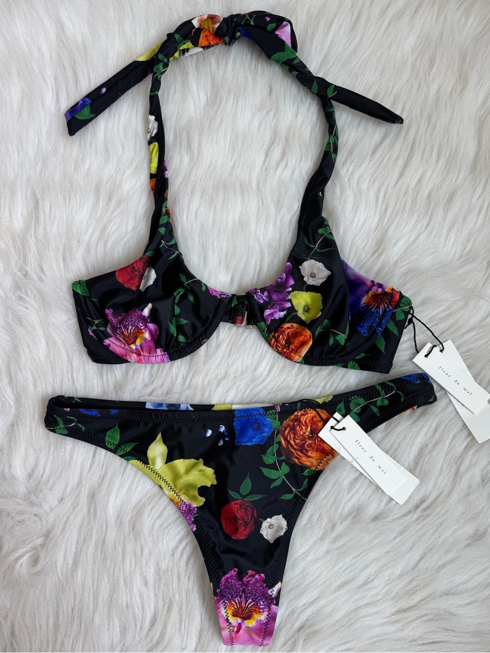 NWT Fleur Du Mal black floral halter bikini swim bathing suit